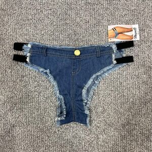 Mapale Micro Mini Shorts Womens Large Chambray Denim Thong Fringe Western Rodeo